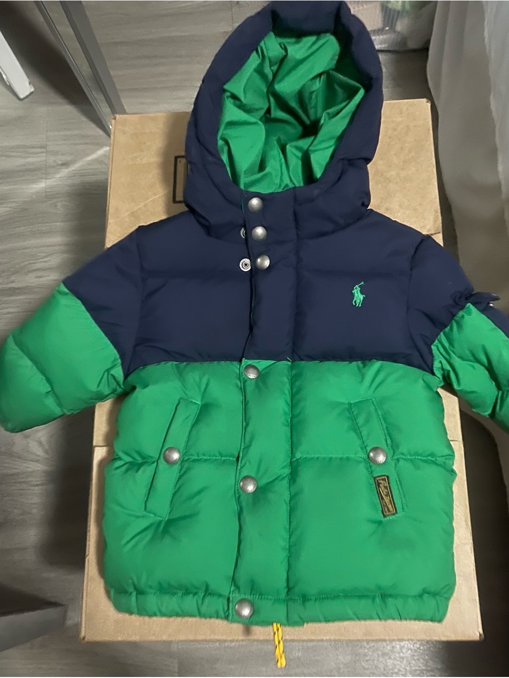 Ralph Lauren Green & Navy Kids Hooded Puffer Jacket